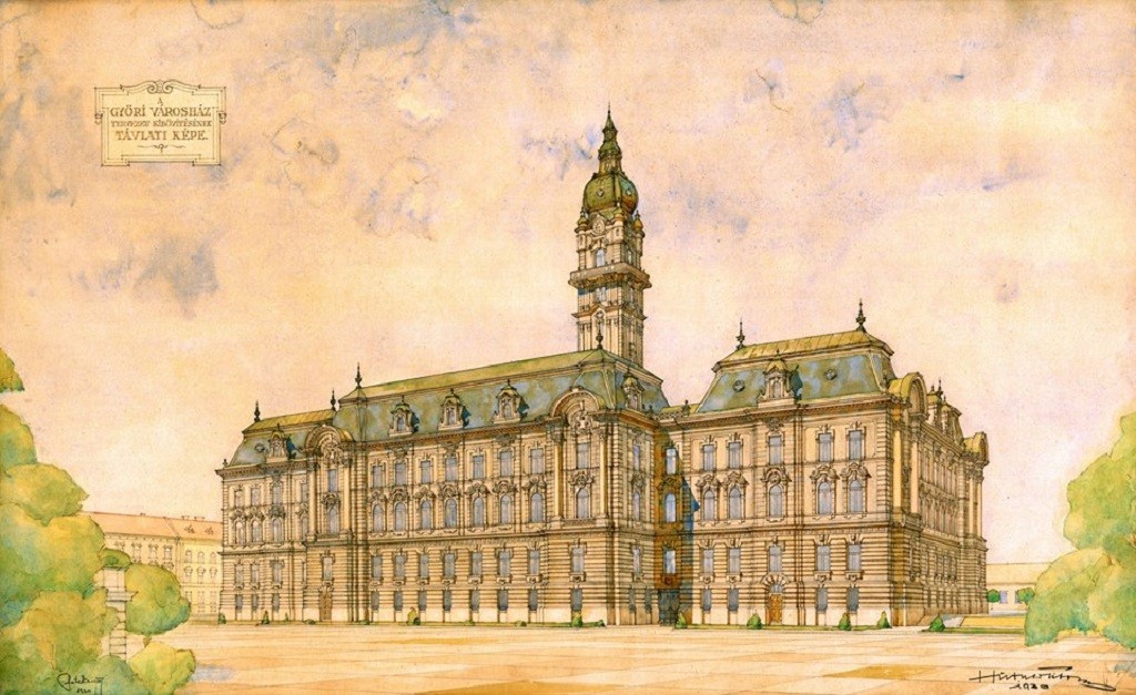 A városháza bővítési látványterve 1929-ből. A gazdasági válság miatt a bővítés elmaradt. Kép: Régi Győr/ Wajzer Gábor