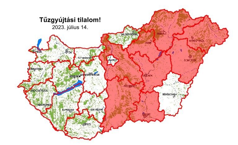 Nyolc vármegyében tűzgyújtási tilalom van, ami azt jelenti, hogy erdőkben és azok kétszáz méteres körzetében tilos tüzet gyújtani. A tűzgyújtási tilalommal érintett területet térképen jelöli a katasztrófavédelem weboldala.  